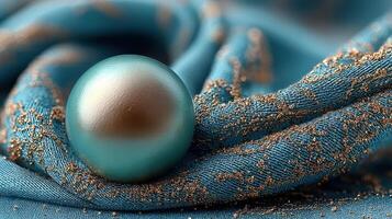 Elegant teal fabric with a decorative pearl and gold accents under soft lighting photo