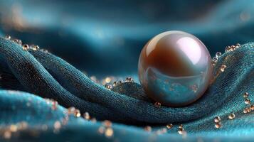 Luxurious pearl resting on vibrant blue fabric with water droplets captured in soft lighting photo