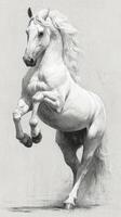 Majestic white horse rears up against a textured background in a captivating display of strength and grace photo