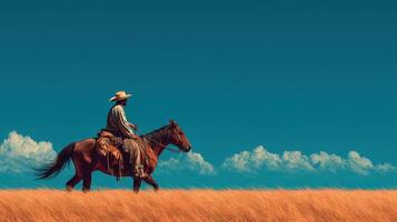 Cowboy riding a horse through tall grass under a bright blue sky in a rural landscape photo
