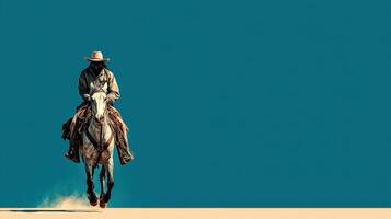 Cowboy on horseback rides through dusty terrain under clear blue sky during golden hour photo