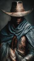 Cowboy on horse wearing hat and scarf in dramatic lighting captures essence of Western culture photo