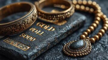 Antique gold jewelry displayed on a textured surface with a focus on craftsmanship and detailing photo