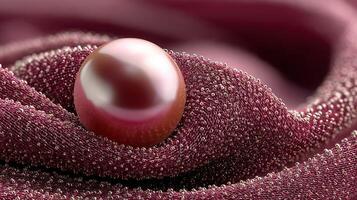 Elegant pink pearl resting on rich textured fabric with delicate droplets in soft lighting photo