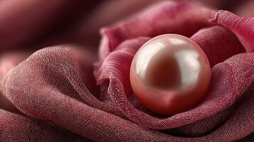 Delicate pearl resting on soft burgundy fabric with subtle texture and elegant draping photo