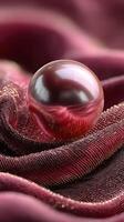 Elegant red pearl resting on luxurious crimson fabric with intricate texture and subtle shimmer in soft lighting photo