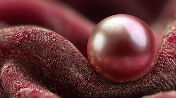 Delicate pink pearl resting on luxurious crimson fabric in close-up view photo