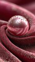Textured fabric with a droplet-covered sphere resting on deep red material during a calm indoor setting photo