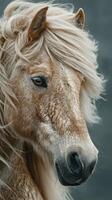 Majestic white pony with flowing mane captured in serene environment during soft daylight photo