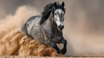 Majestic gray horse galloping across sandy landscape in a dramatic display of speed during a sunny afternoon photo
