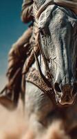 Majestic white horse gallops through desert dust while rider showcases equestrian skills photo