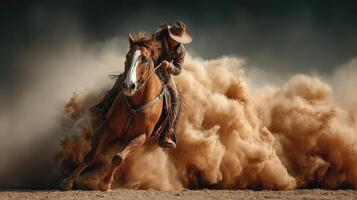 Cowboy riding horse through dusty terrain during sunset in a rugged landscape photo