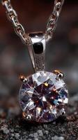 Stunning close-up of a sparkling necklace with a brilliant cut diamond pendant on a textured background photo