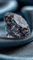Stunning diamond glistens on luxurious fabric, showcasing its brilliance and intricate facets under soft light photo