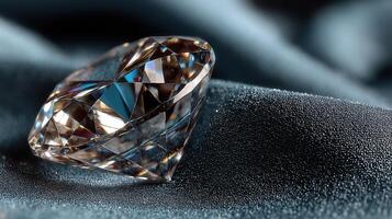 Beautiful diamond resting on luxurious dark fabric highlighting its brilliant facets and elegance in soft lighting photo
