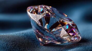 Shining diamond resting on smooth fabric with reflections and brilliance captured elegantly photo