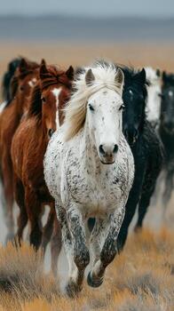 manada de salvaje caballos corriendo a través de el abierto llanuras en un escabroso paisaje durante el temprano Mañana ligero foto