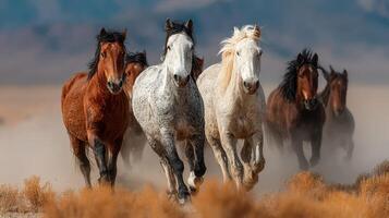 Wild horses run freely through dusty plains under a clear sky during late afternoon light photo