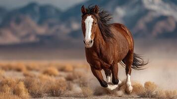 Majestic brown horse galloping swiftly across desert landscape with mountains in background during late afternoon light photo