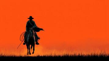 Silhouette of a cowboy riding a horse against a vibrant orange sunset sky in an open field photo