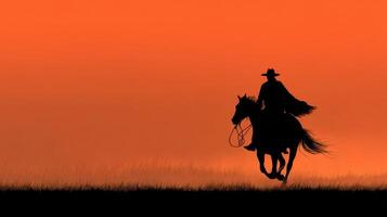 Silhouetted cowboy rides horse during sunset on an open field landscape in a tranquil evening setting photo