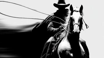 Equestrian rider in silhouette skillfully roping cattle during a sunny afternoon in a rural landscape photo