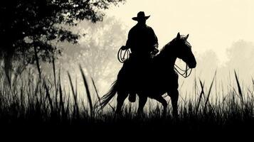 Silhouetted cowboy riding horse at sunset in open grassland with trees in background photo