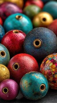 Colorful decorative beads arranged on a dark surface showcasing various textures and patterns in bright hues photo