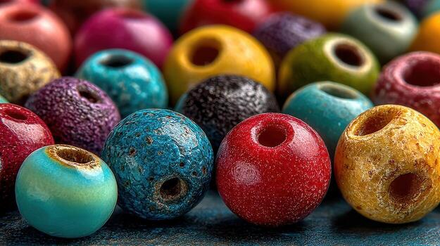 Colorful bead assortment displayed on a vibrant surface for crafting projects during daylight photo