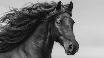Majestic black horse with flowing mane captured in serene landscape during golden hour light photo