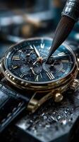 Watch restoration process captured in a workshop with fine detailing on a luxury timepiece photo