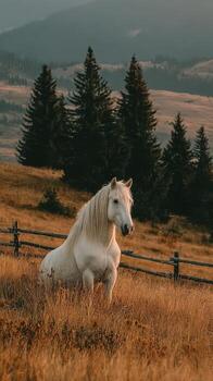 Majestic white horse resting in an open field surrounded by evergreen trees during golden hour in a serene landscape photo