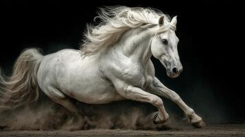 Majestic white horse galloping through dust in an open area during twilight hours photo