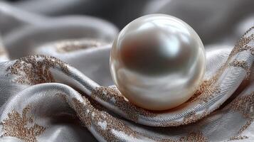 Beautiful pearl resting on elegant satin fabric with intricate gold patterns in soft natural light photo