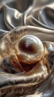 Elegant glass orb resting on shimmering silk fabric with intricate patterns in a softly lit environment photo