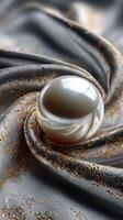 Elegant sphere resting on shimmering fabric with intricate patterns during soft daylight photo