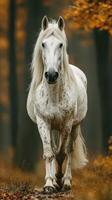 White horse walking through a serene autumn forest with golden leaves photo