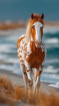 caballo caminando a lo largo un playa orilla con olas suavemente estrellarse en el antecedentes durante dorado hora foto