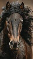 Majestic black horse with flowing mane captured in natural light during golden hour photo