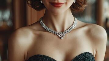 Elegant woman showcasing exquisite diamond necklace during formal event in luxurious indoor setting photo
