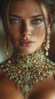 Elegant woman showcasing jewelry in a softly lit room during a formal event photo