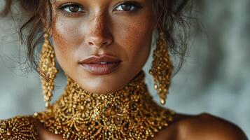 Elegant woman adorned with intricate golden jewelry in a close-up portrait captured in soft lighting photo