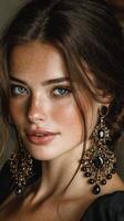 Beautiful model showcases intricate earrings in a close-up portrait with natural light highlighting her features photo
