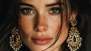 Close-up of a woman with striking blue eyes and elegant earrings, showcasing beauty and confidence at dusk photo