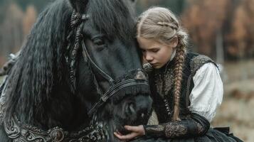 Young girl reflects with black horse in autumn landscape wearing historical attire photo