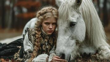 Young girl resting beside a white horse in a serene forest during autumn photo