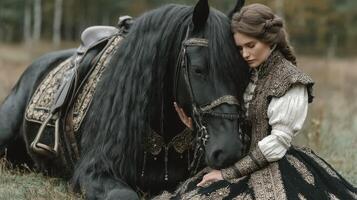 Elegant woman in ornate dress bonding with majestic black horse in a serene meadow during autumn's golden hour photo