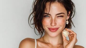 Smiling woman holding a shell earring, showcasing natural beauty and confidence in neutral setting photo