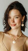 Elegant woman showcases intricate shell jewelry against a soft backdrop in bright lighting during a fashion-focused photoshoot photo