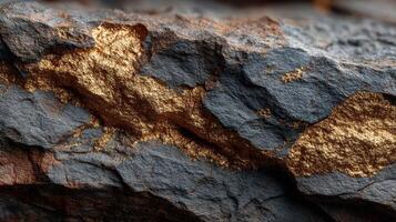 Unique rock formation displaying striking gold veins amidst dark gray stone in a natural setting photo